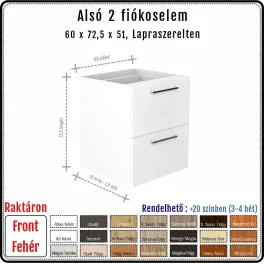 60 cm-es alsó konyhaszekrény váz fehér fronttal - 2 fiókos, Hettich Quadro (72.5 magas)
