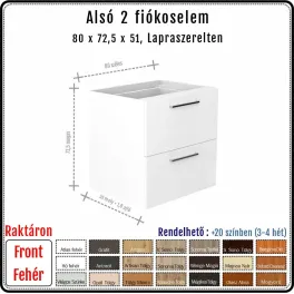 80 cm-es alsó konyhaszekrény váz fehér fronttal - 2 nagy fiókos, Hettich Quadro (72.5 magas)