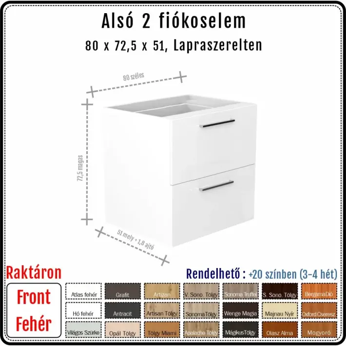 80 cm-es alsó konyhaszekrény váz fehér fronttal - 2 nagy fiókos, Hettich Quadro (72.5 magas)