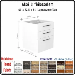 60 cm-es alsó konyhaszekrény váz - 2 kicsi és 1 nagy fiókos, Hettich Quadro (72.5 magas)