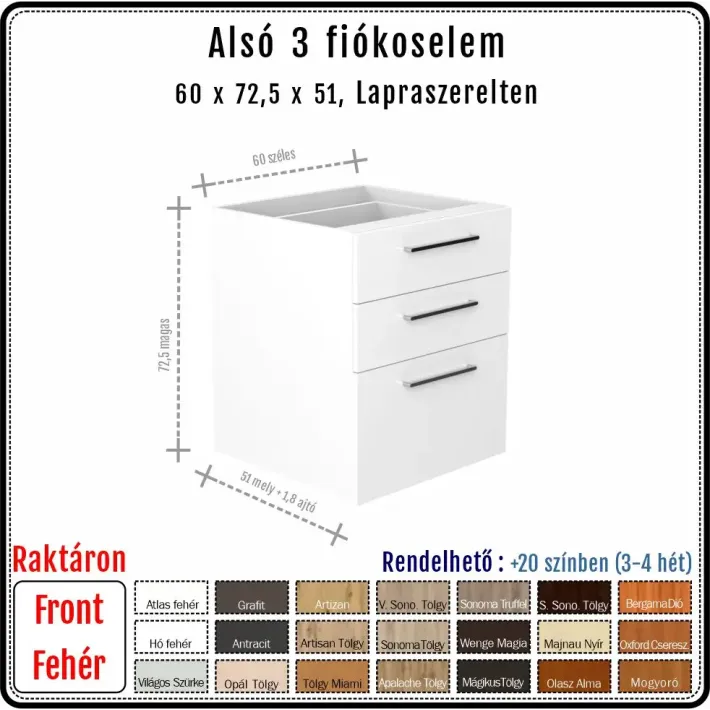 60 cm-es alsó konyhaszekrény váz - 2 kicsi és 1 nagy fiókos, Hettich Quadro (72.5 magas)