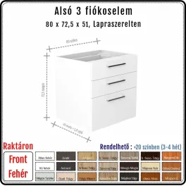80 cm-es alsó konyhaszekrény váz fehér fronttal - 2 kicsi és 1 nagy fiókos, Hettich Quadro (72.5 magas)