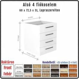 60 cm-es alsó konyhaszekrény váz - 4 kicsi fiókos, Hettich Quadro (72.5 magas)
