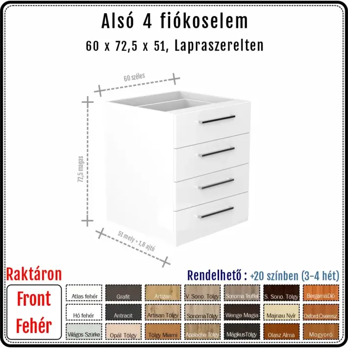 60 cm-es alsó konyhaszekrény váz - 4 kicsi fiókos, Hettich Quadro (72.5 magas)