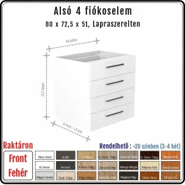 80 cm-es alsó konyhaszekrény váz fehér fronttal - 4 kis fiókos, Hettich Quadro (72.5 magas)