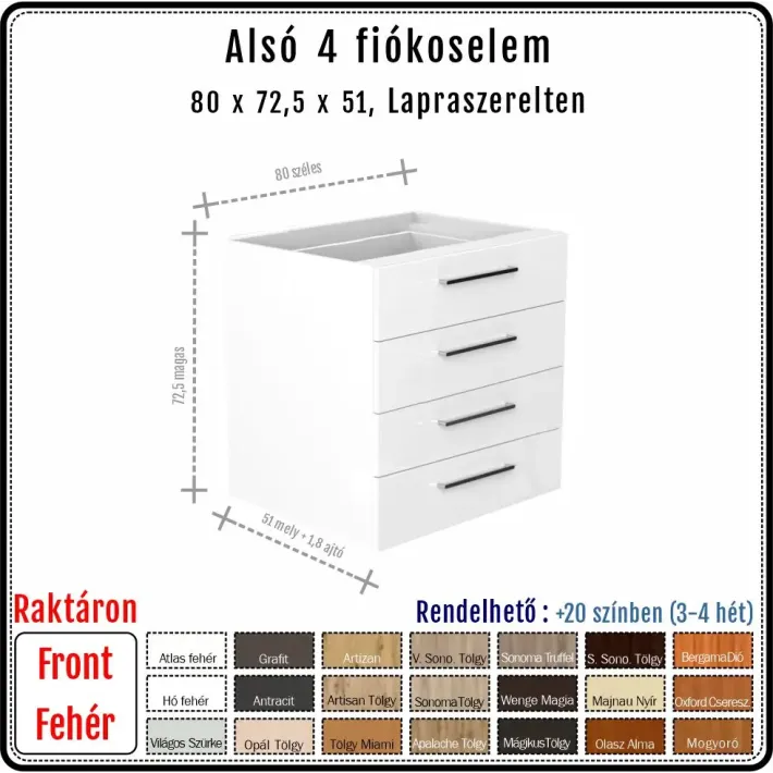 80 cm-es alsó konyhaszekrény váz fehér fronttal - 4 kis fiókos, Hettich Quadro (72.5 magas)