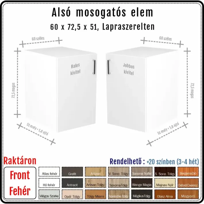 60 cm-es alsó mosogatós konyhaszekrény váz fehér fronttal (72.5 magas)