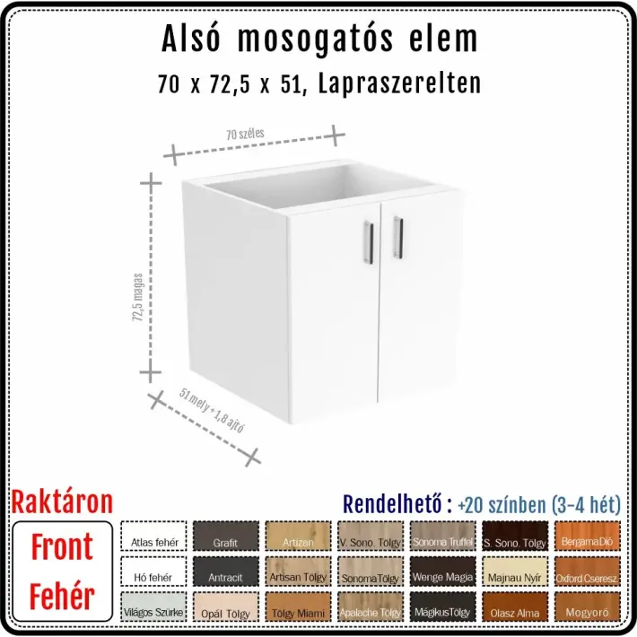 70 cm-es alsó mosogatós konyhaszekrény váz fehér fronttal - 2 ajtós (72.5 magas)