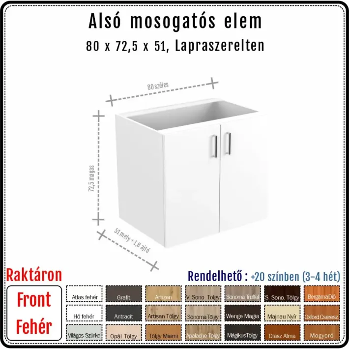 80 cm-es alsó mosogatós konyhaszekrény váz fehér fronttal - 2 ajtós (72.5 magas)