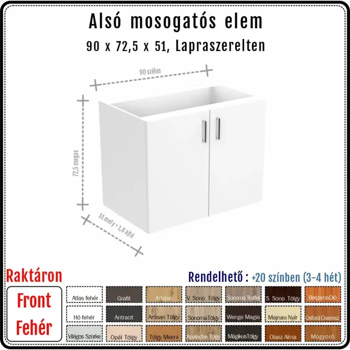 90 cm-es alsó mosogatós konyhaszekrény váz fehér fronttal - 2 ajtós (72.5 magas)