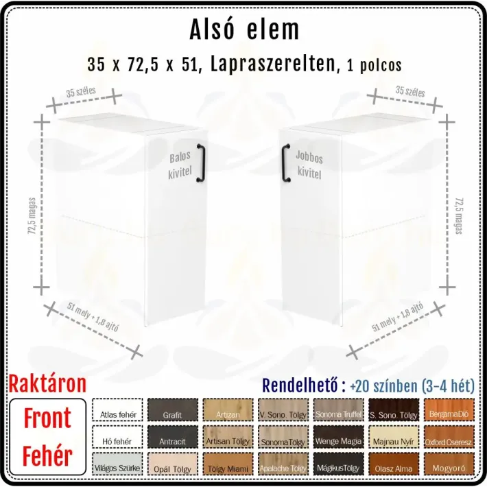 35 cm-es alsó konyhaszekrény váz fehér fronttal (72.5 magas)