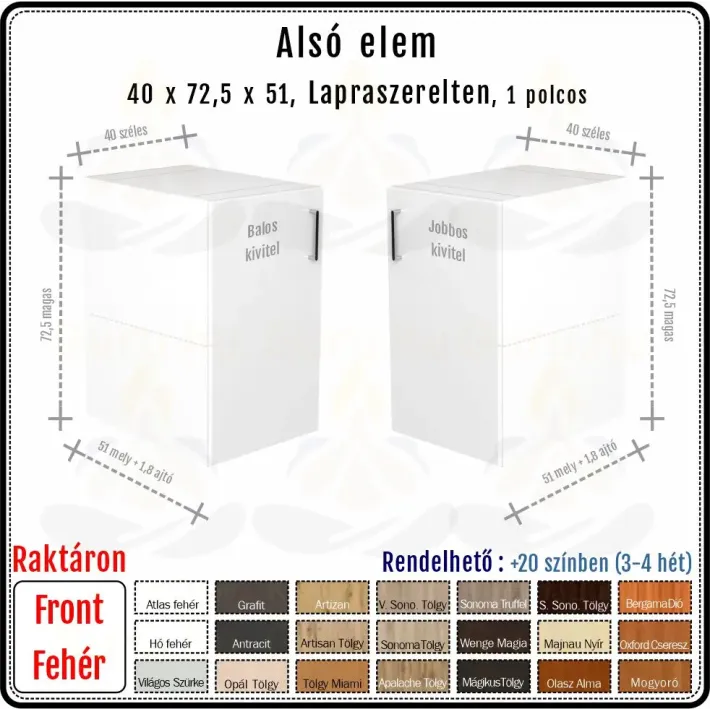 40 cm-es alsó konyhaszekrény váz fehér fronttal (72.5 magas)