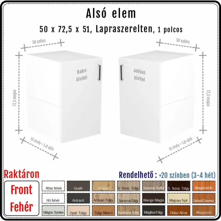 50 cm-es alsó konyhaszekrény váz fehér fronttal (72.5 magas)