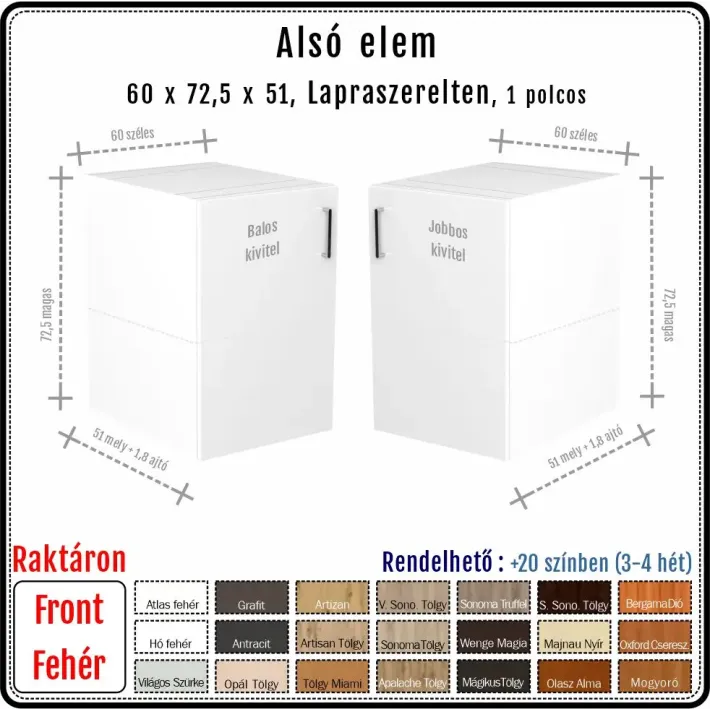 60 cm-es alsó konyhaszekrény váz fehér fronttal (72.5 magas)