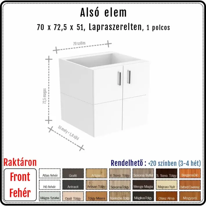 70 cm-es alsó konyhaszekrény váz fehér fronttal - 2 ajtós (72.5 magas)