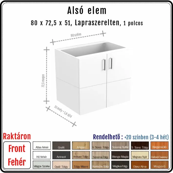 80 cm-es alsó konyhaszekrény váz fehér fronttal - 2 ajtós (72.5 magas)