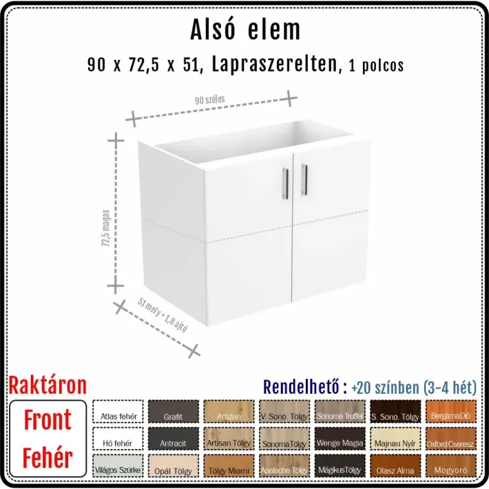 90 cm-es alsó konyhaszekrény váz fehér fronttal - 2 ajtós (72.5 magas)