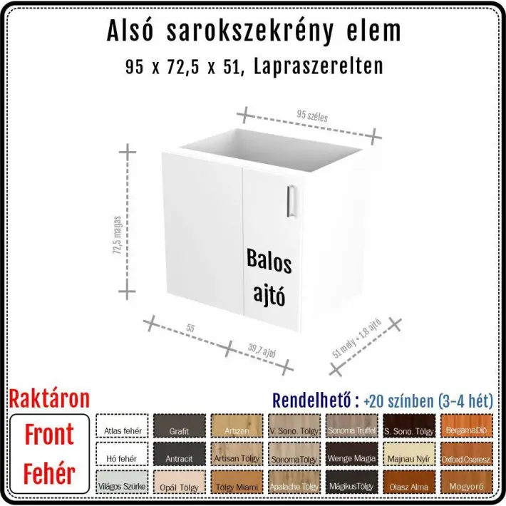 100-as Mosogatós Alsó Sarokszekrény Elem – Balos, polc nélkül