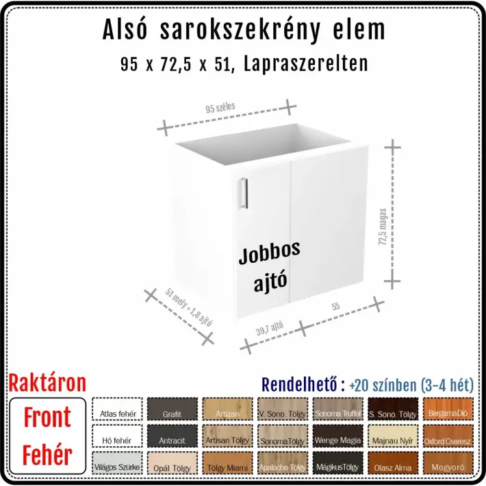 100-as Alsó Sarokszekrény Elem – Jobbos, egy polcos