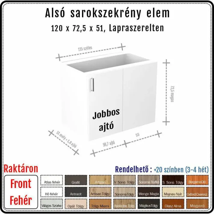 120-as Mosogatós Alsó Sarokszekrény Elem – Jobbos, polc nélkül