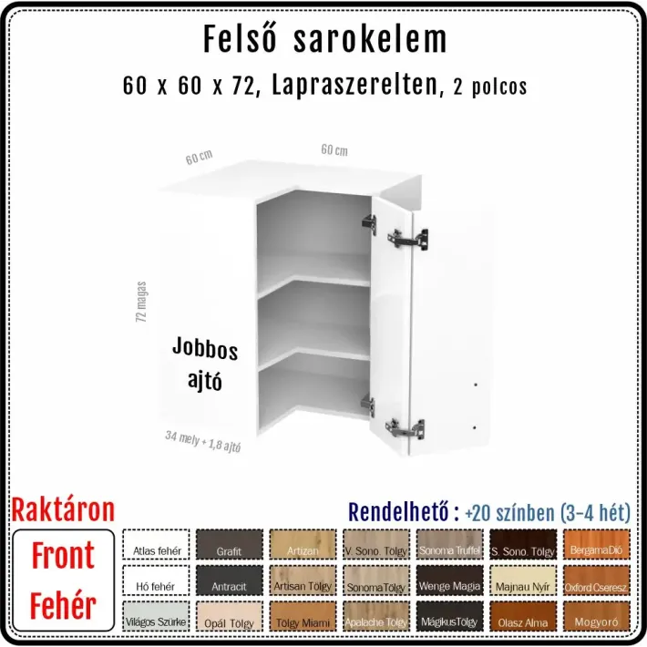 60 x 60-as Felső Sarokszekrény Elem – Fehér fronttal (72 cm magas)