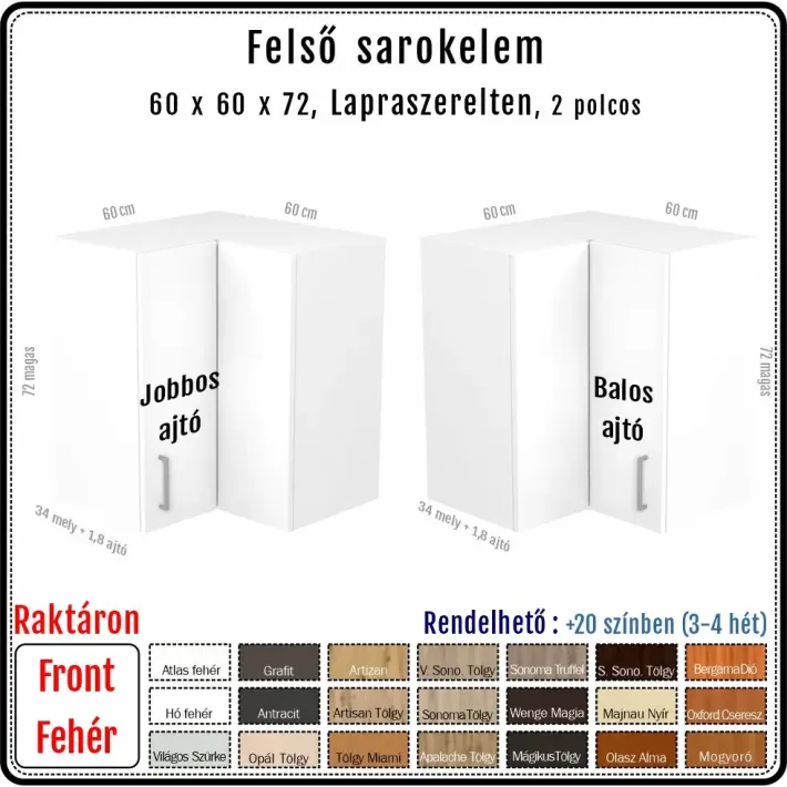 60 x 60-as Felső Sarokszekrény Elem – Fehér fronttal (72 cm magas)