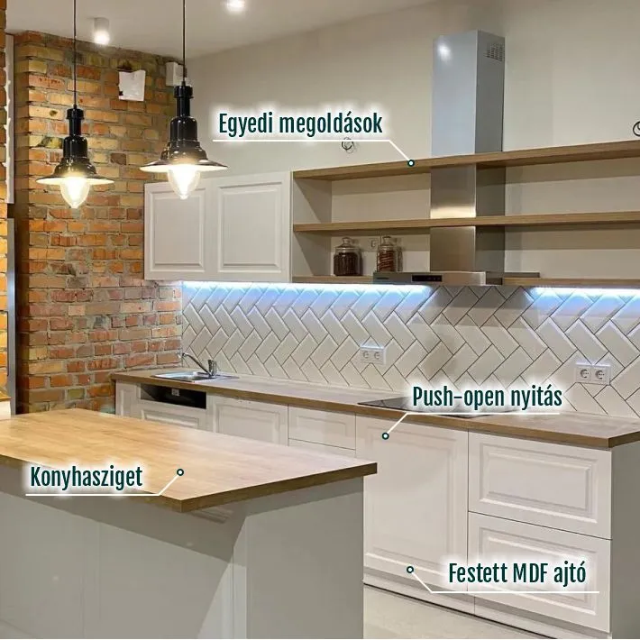 Loft Brick & White Konyhabútor Konyhaszigettel – Matt Fehér Keretes MDF, Tölgy Munkalap és Nyitott Polcrendszer
