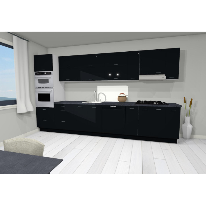 Amira 380 cm konyhablokk – Fényes Fehér / Fényes Fekete / Fényes Gold