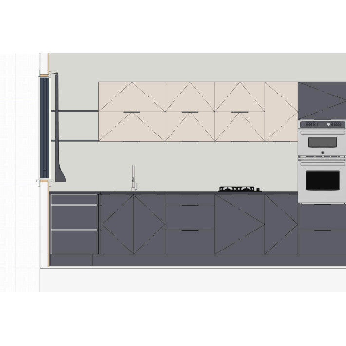 Noor 180x360 cm konyhablokk – Antracit / Arany Kraft – 1 álló elemmel, felfelé nyíló felső elemekkel