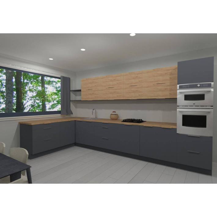 Noor 180x420 cm konyhablokk – Antracit / Arany Kraft – 1 álló elemmel, felfelé nyíló felső elemekkel