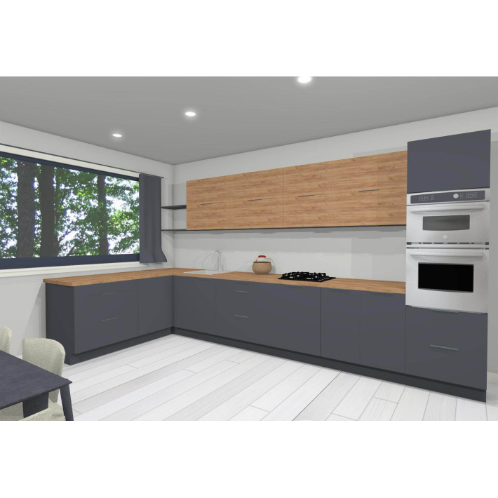 Noor 180x420 cm konyhablokk – Antracit / Arany Kraft – 1 álló elemmel, felfelé nyíló felső elemekkel