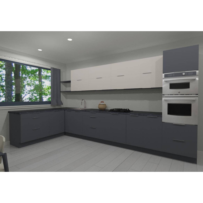 Noor 180x420 cm konyhablokk – Antracit / Arany Kraft – 1 álló elemmel, felfelé nyíló felső elemekkel