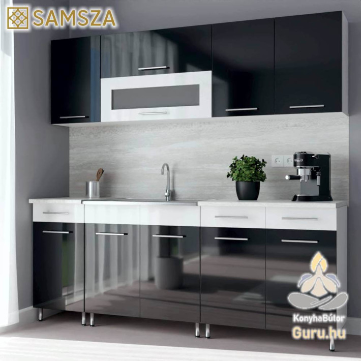 Samsza 200 cm Blokk Konyha – Fényes Fekete Fehér