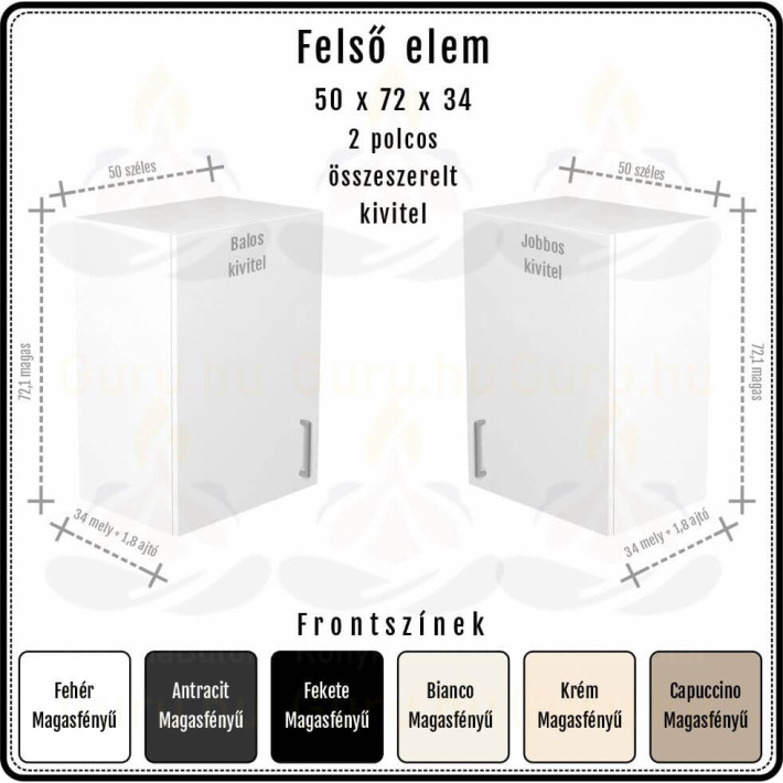 Amira Felső Szekrény 50 cm | 72 cm magas | Extra mély 34 cm