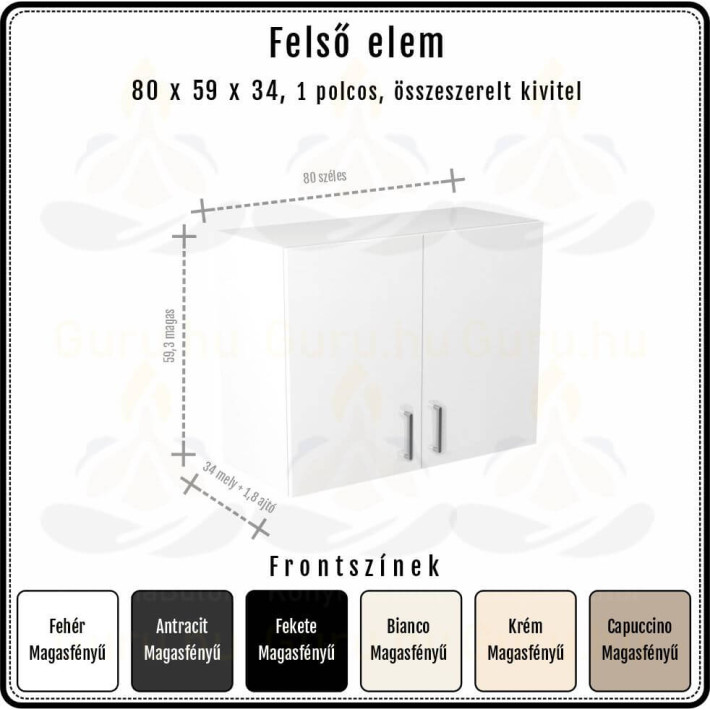 Amira Felső Szekrény 80 cm 2 ajtós | 59 cm magas | Extra mély 34 cm