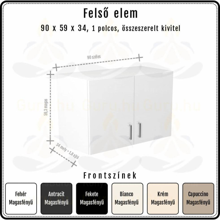 Amira Felső Szekrény 90 cm 2 ajtós | 59 cm magas | Extra mély 34 cm
